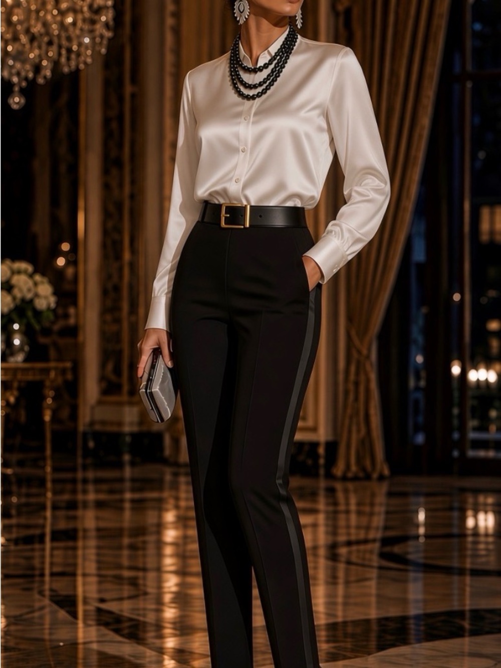 Marchesa Voyage Black Satin Trim Tuxedo Tapered Trousers Ankle Pants sz 12